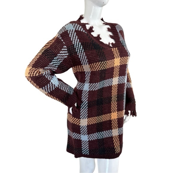 Entro gorgeous burgundy sweater top fringe unique plaid striped lovely pattern M - Picture 10 of 15